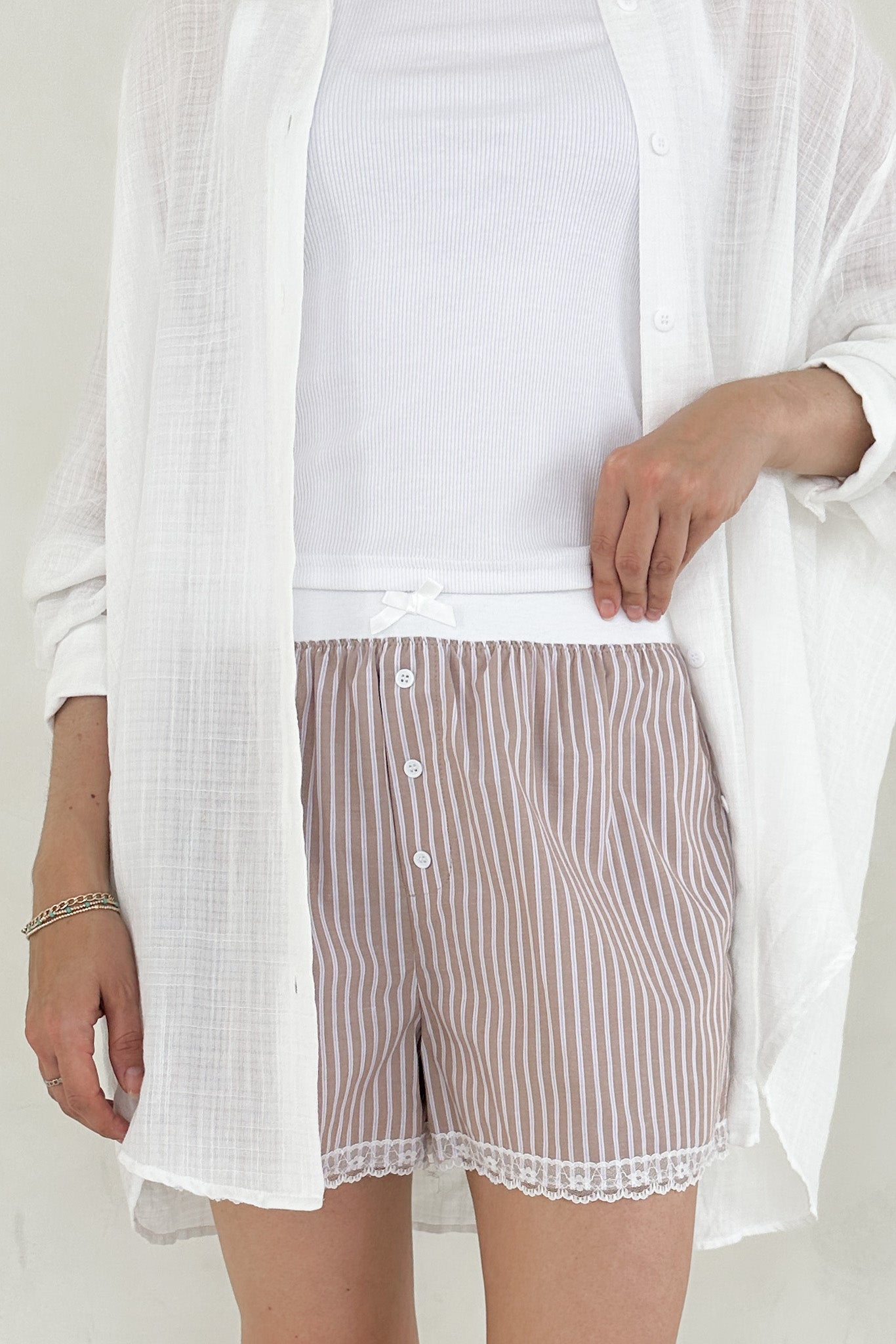 Merci Striped Lace Shorts in Mocha - Neutral Ground