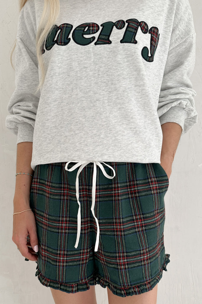 Merry Everything Holiday Plaid Short Set in Evergreen - Neutral Ground