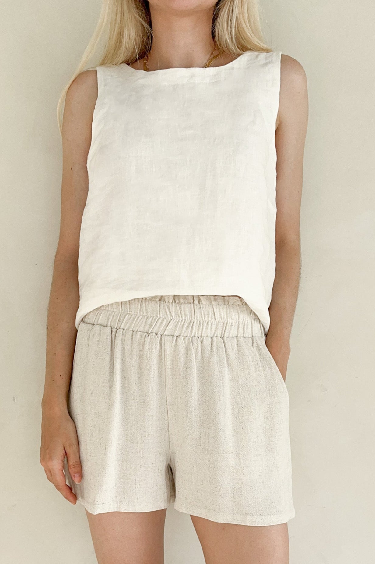 Miley Linen Blend Elastic Waist Shorts - Neutral Ground
