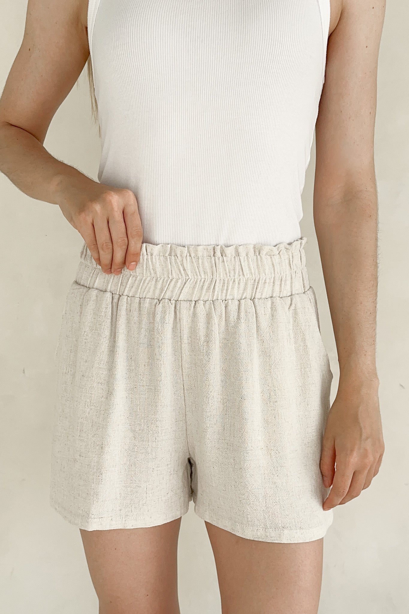 Miley Linen Blend Elastic Waist Shorts - Neutral Ground