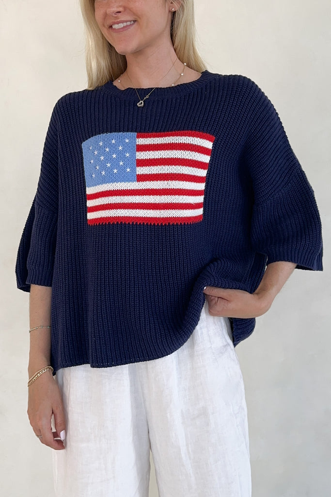 Miss Americana Flag Print Knit Sweater in Navy - Neutral Ground
