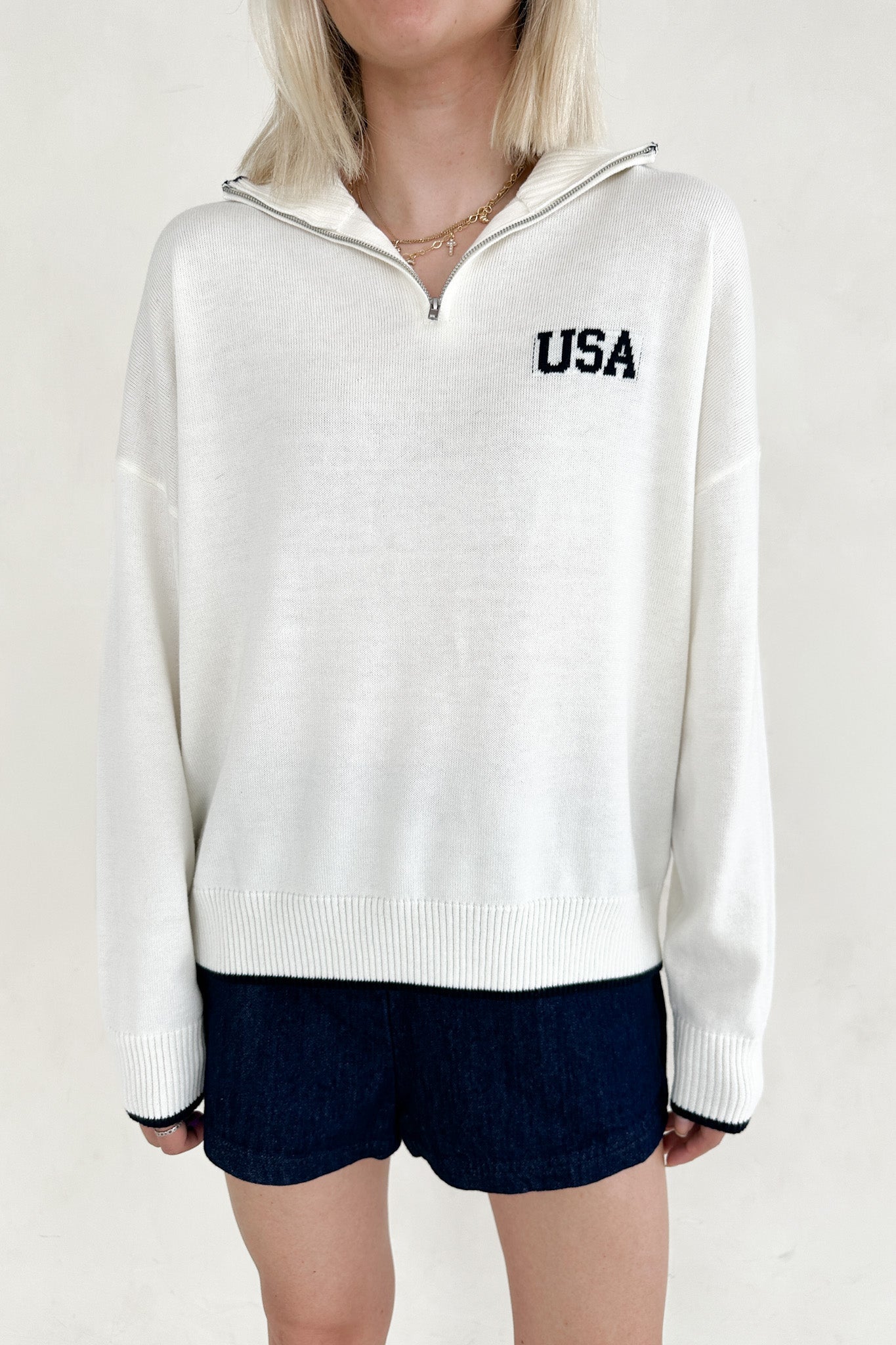 Miss Americana USA Quarter Zip Long Sleeve Pullover - Neutral Ground
