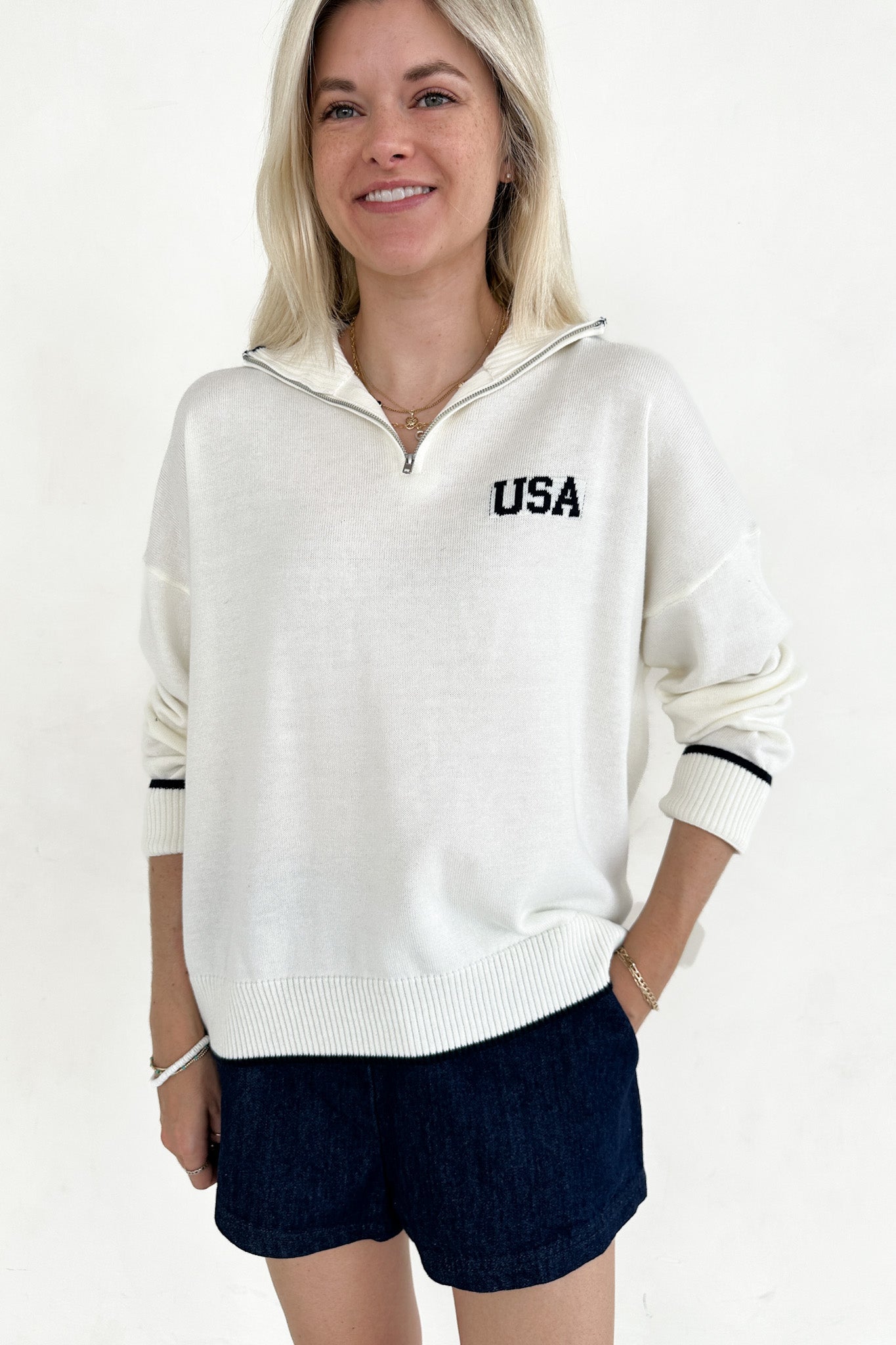 Miss Americana USA Quarter Zip Long Sleeve Pullover - Neutral Ground