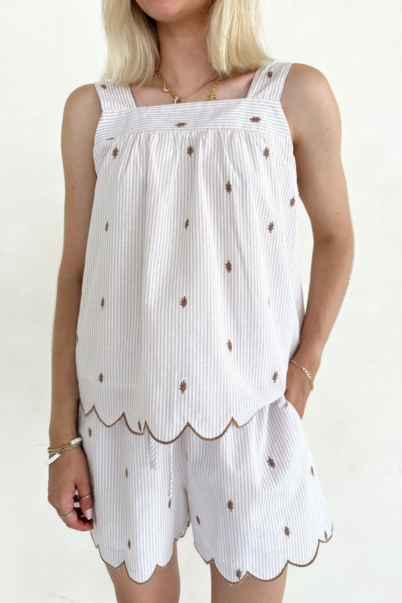 Morning Markets Pinstripe Embroidered Scallop Shorts - Neutral Ground