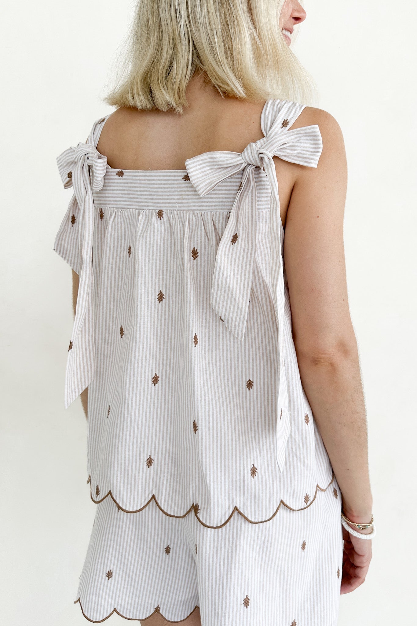 Morning Markets Pinstripe Embroidered Scallop Shoulder Tie Top - Neutral Ground