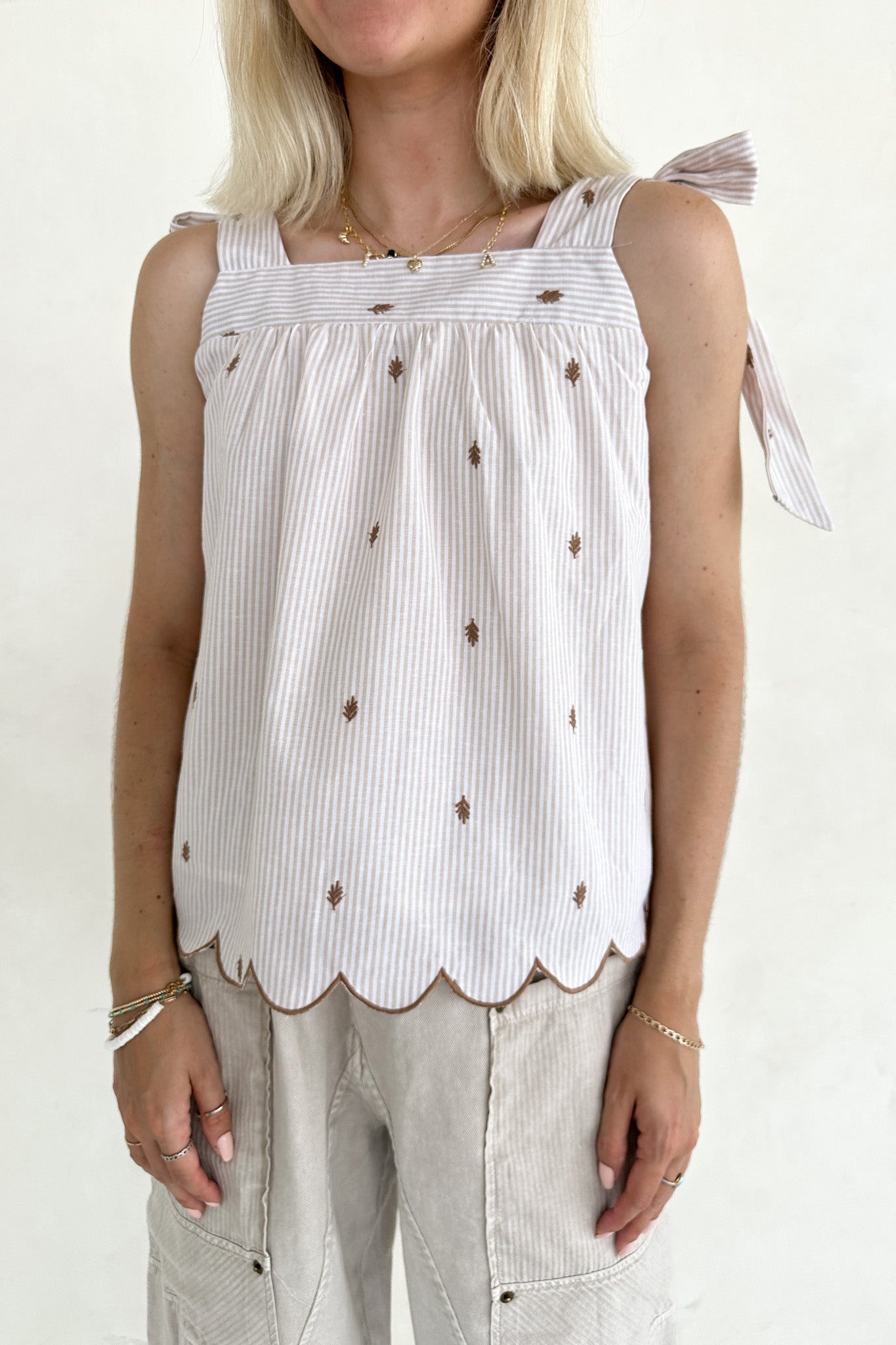 Morning Markets Pinstripe Embroidered Scallop Shoulder Tie Top - Neutral Ground