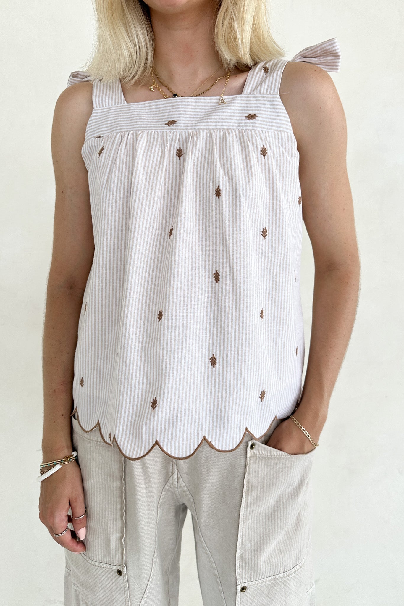 Morning Markets Pinstripe Embroidered Scallop Shoulder Tie Top - Neutral Ground