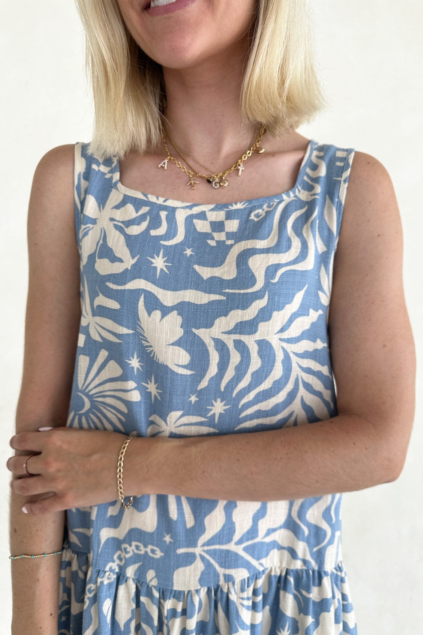 Noa Blue Tropical Print Linen Blend Mini Dress l Neutral Ground S