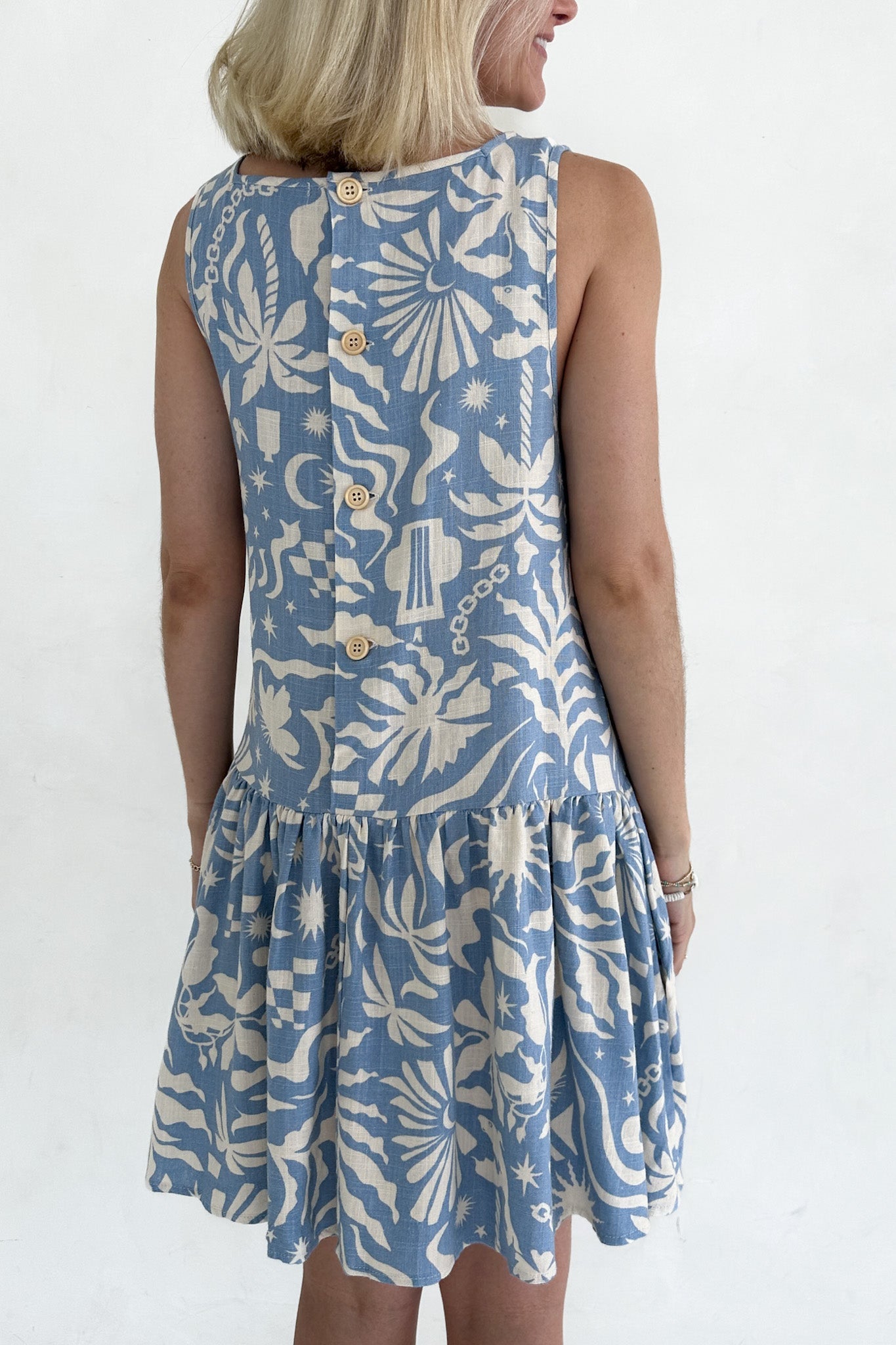 Noa Blue Tropical Print Linen Blend Mini Dress l Neutral Ground S