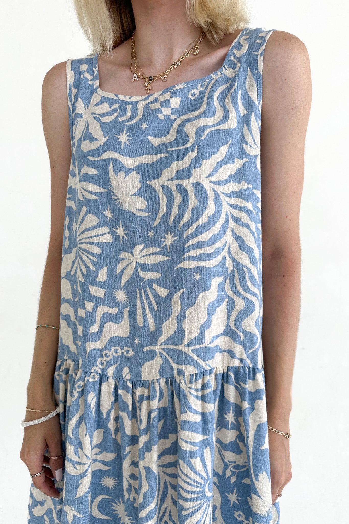 Noa Blue Tropical Print Linen Blend Mini Dress - Neutral Ground