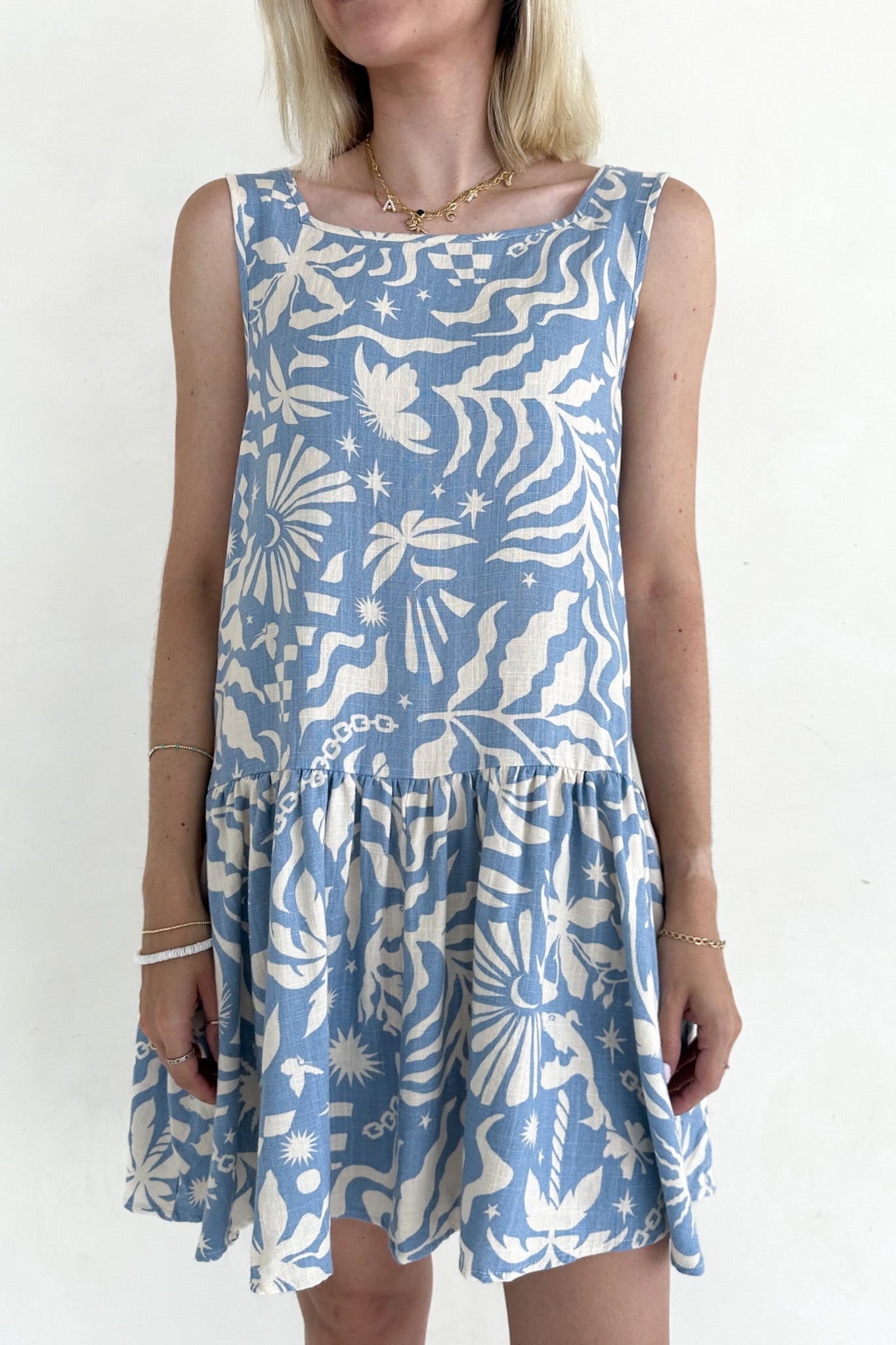 Noa Blue Tropical Print Linen Blend Mini Dress l Neutral Ground S