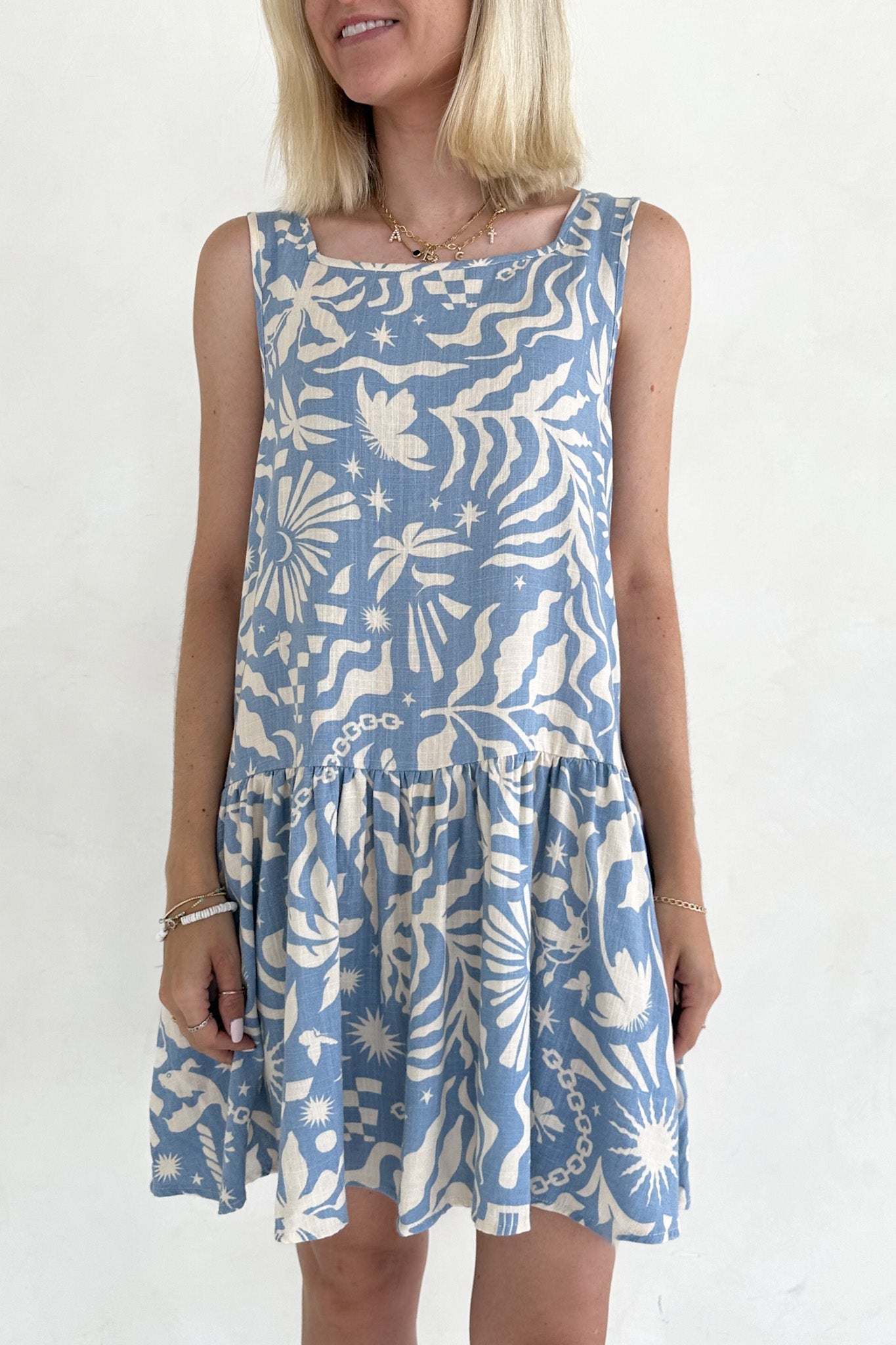 Noa Blue Tropical Print Linen Blend Mini Dress l Neutral Ground S Noa Blue Tropical Print Linen Blend Mini Dress l Neutral Ground S