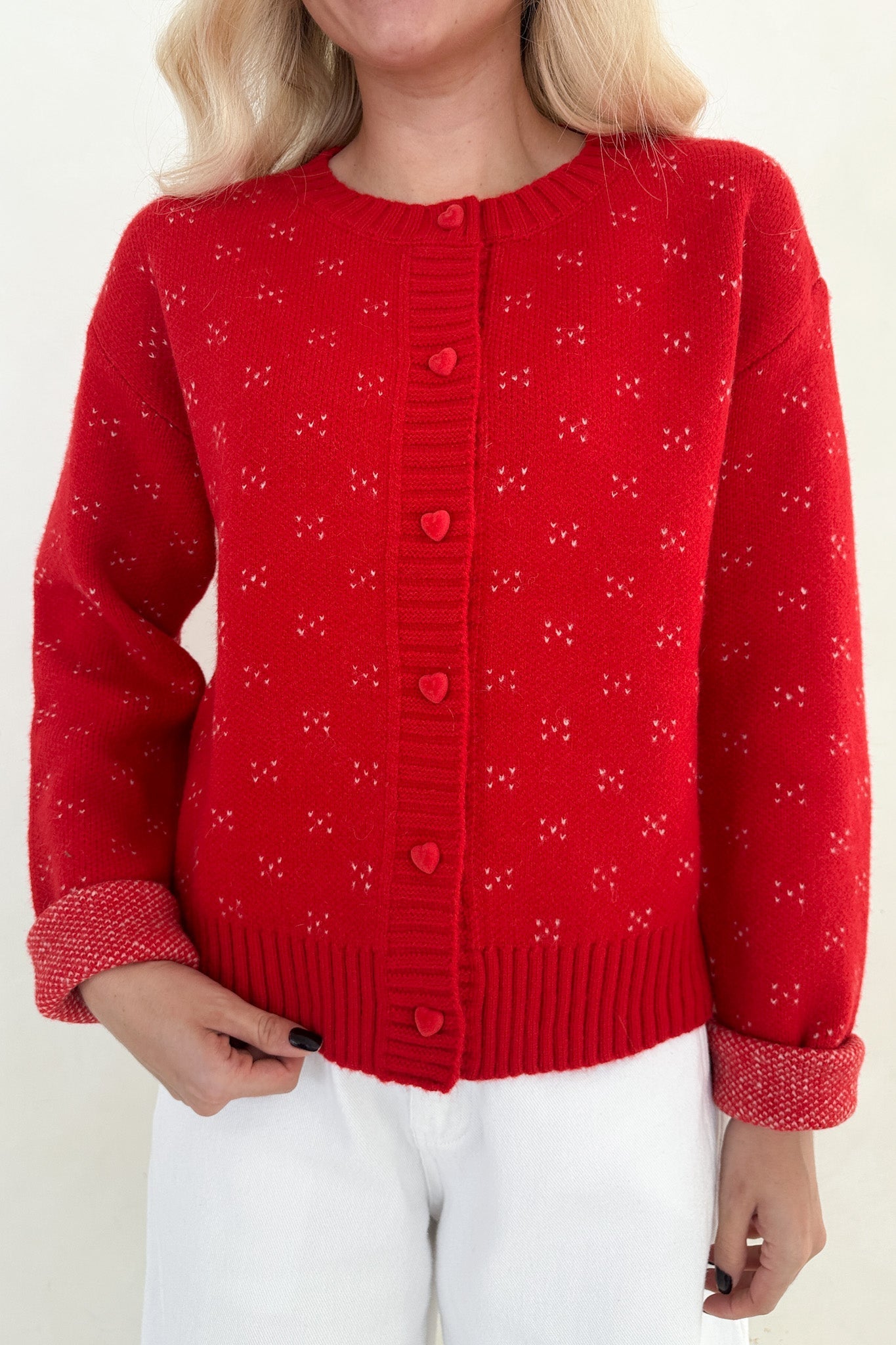 Noelle Button Down Red Hearts Cardigan - Neutral Ground