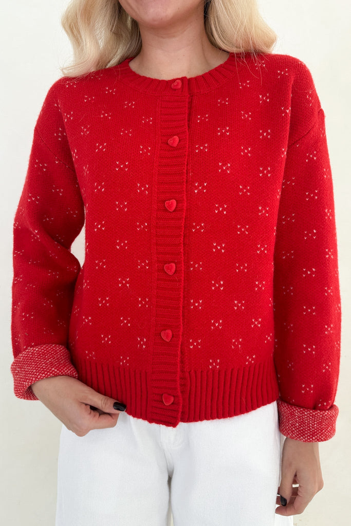 Noelle Button Down Red Hearts Cardigan - Neutral Ground