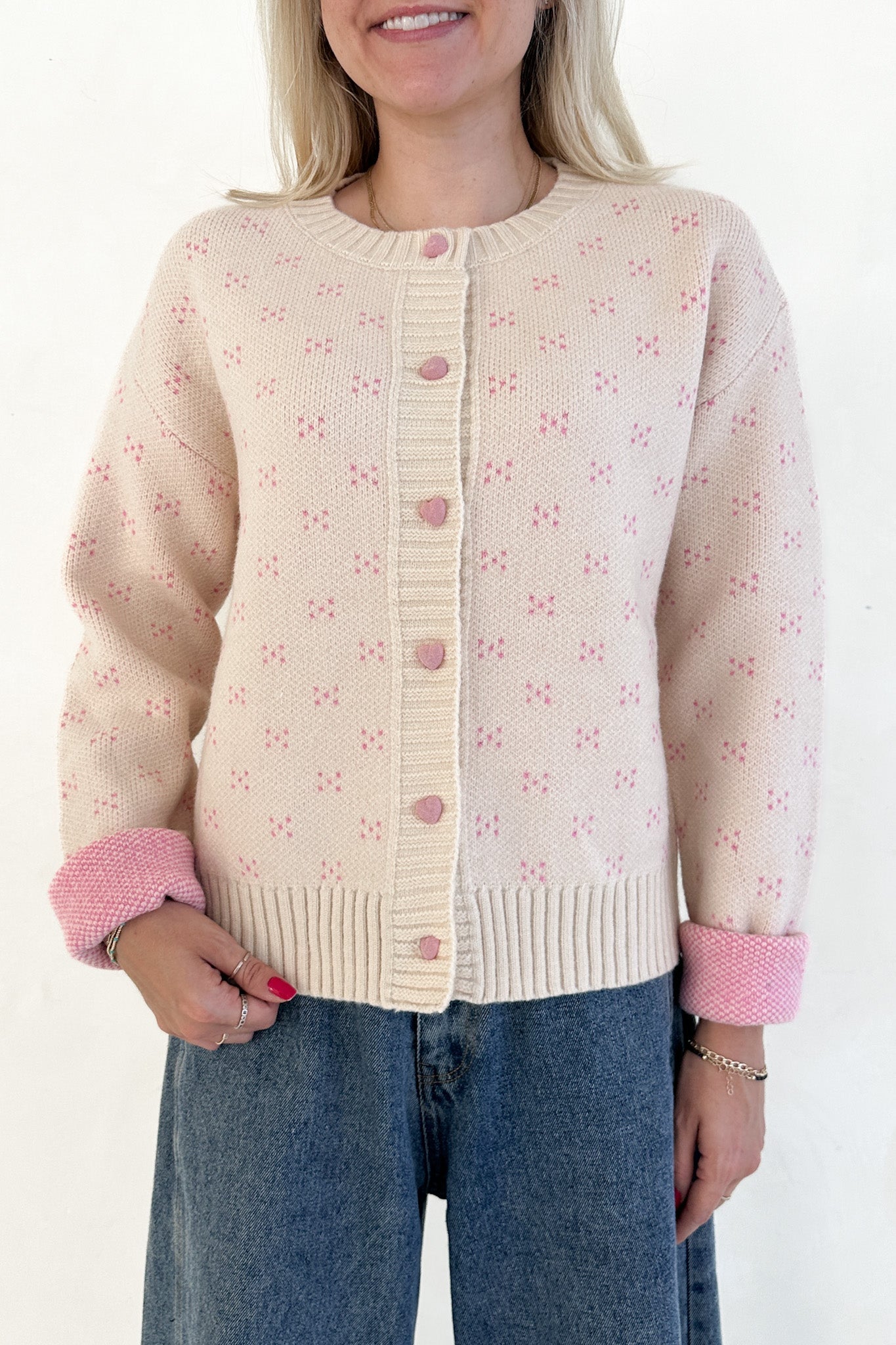 Noelle Button Down Red Hearts Cardigan in Cream and Pink - Neutral Ground