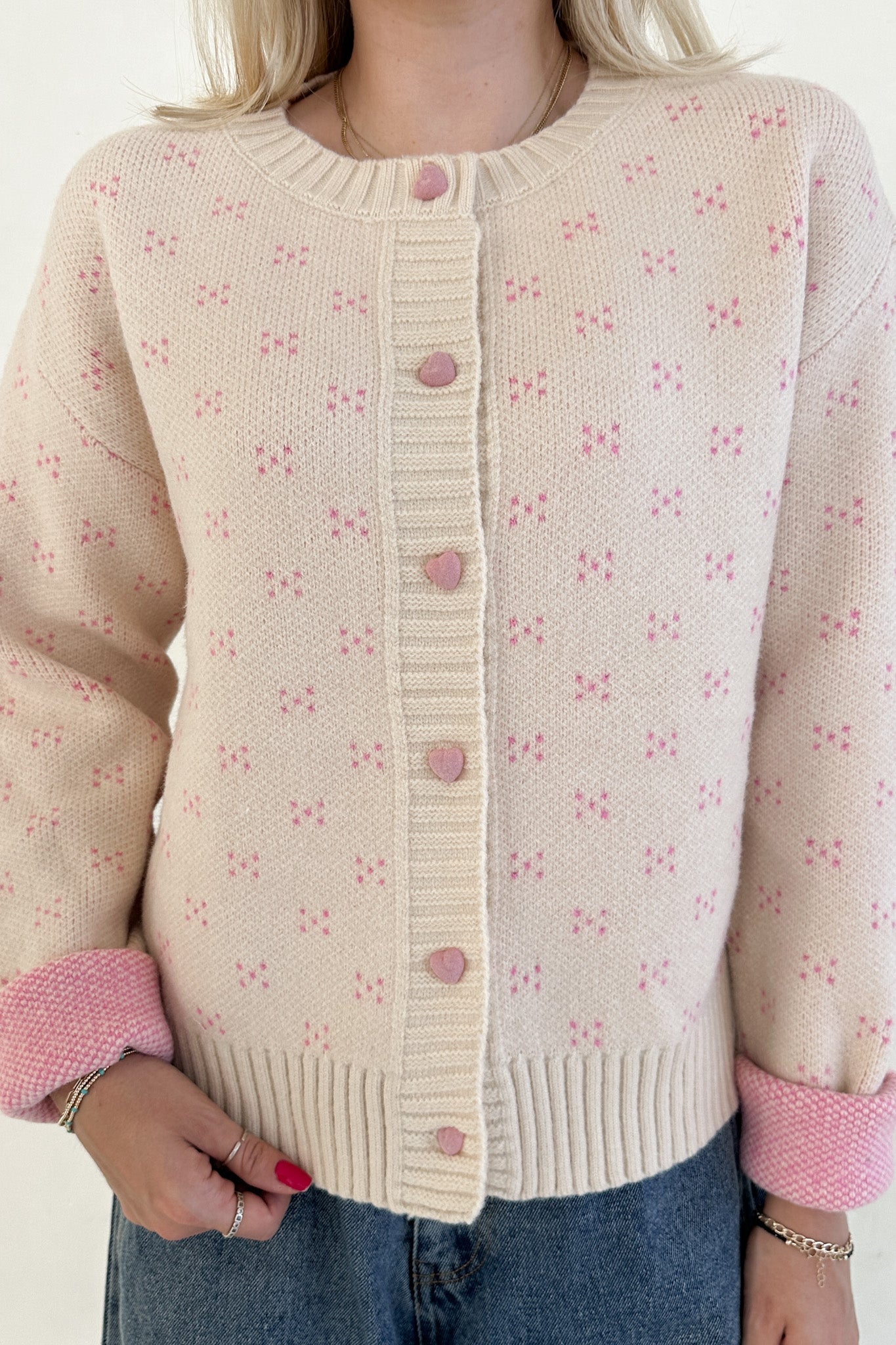 Noelle Button Down Red Hearts Cardigan in Cream and Pink - Neutral Ground