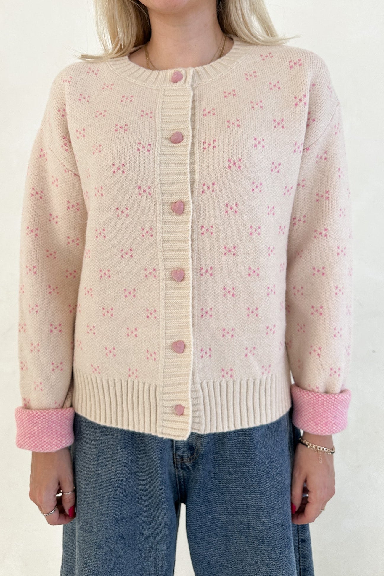 Noelle Button Down Red Hearts Cardigan in Cream and Pink - Neutral Ground