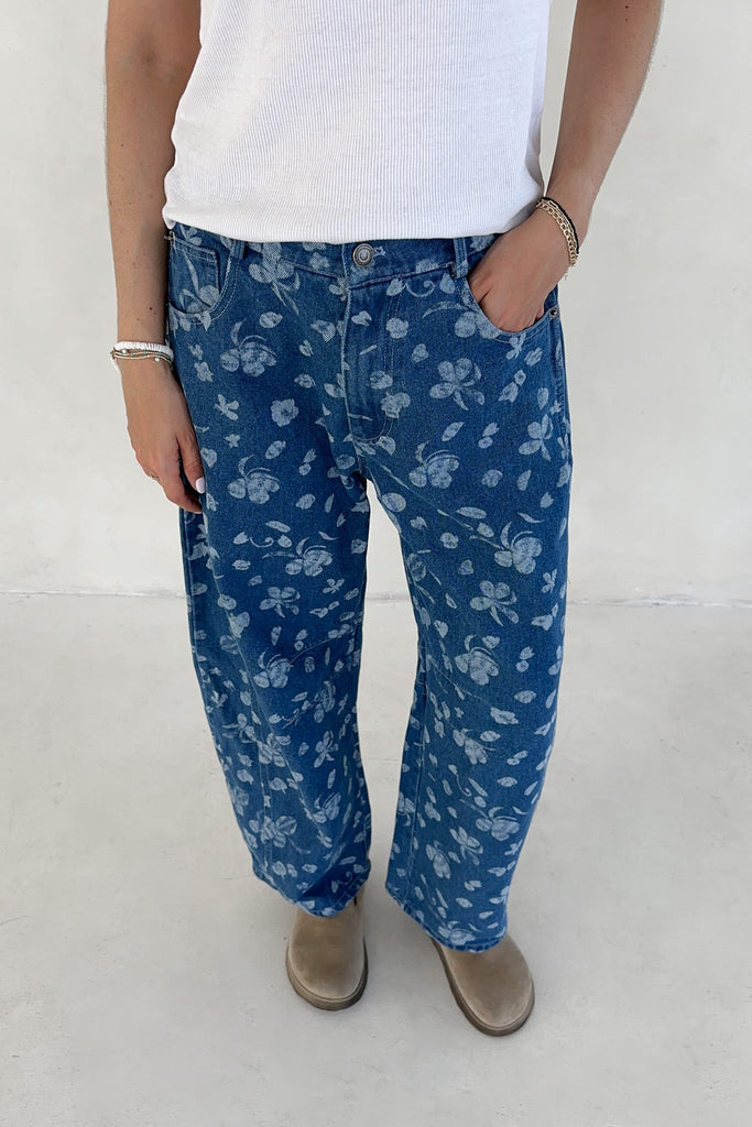 Nora Floral Print Denim Barrel Jeans - Neutral Ground