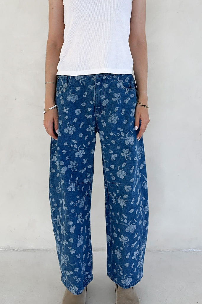 Nora Floral Print Denim Barrel Jeans - Neutral Ground
