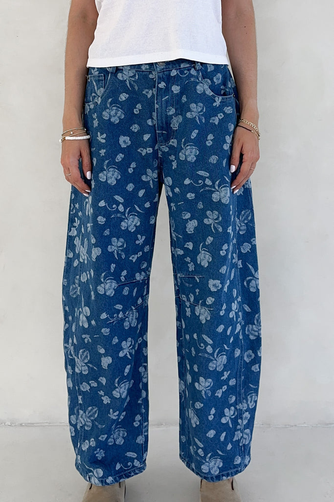Nora Floral Print Denim Barrel Jeans - Neutral Ground