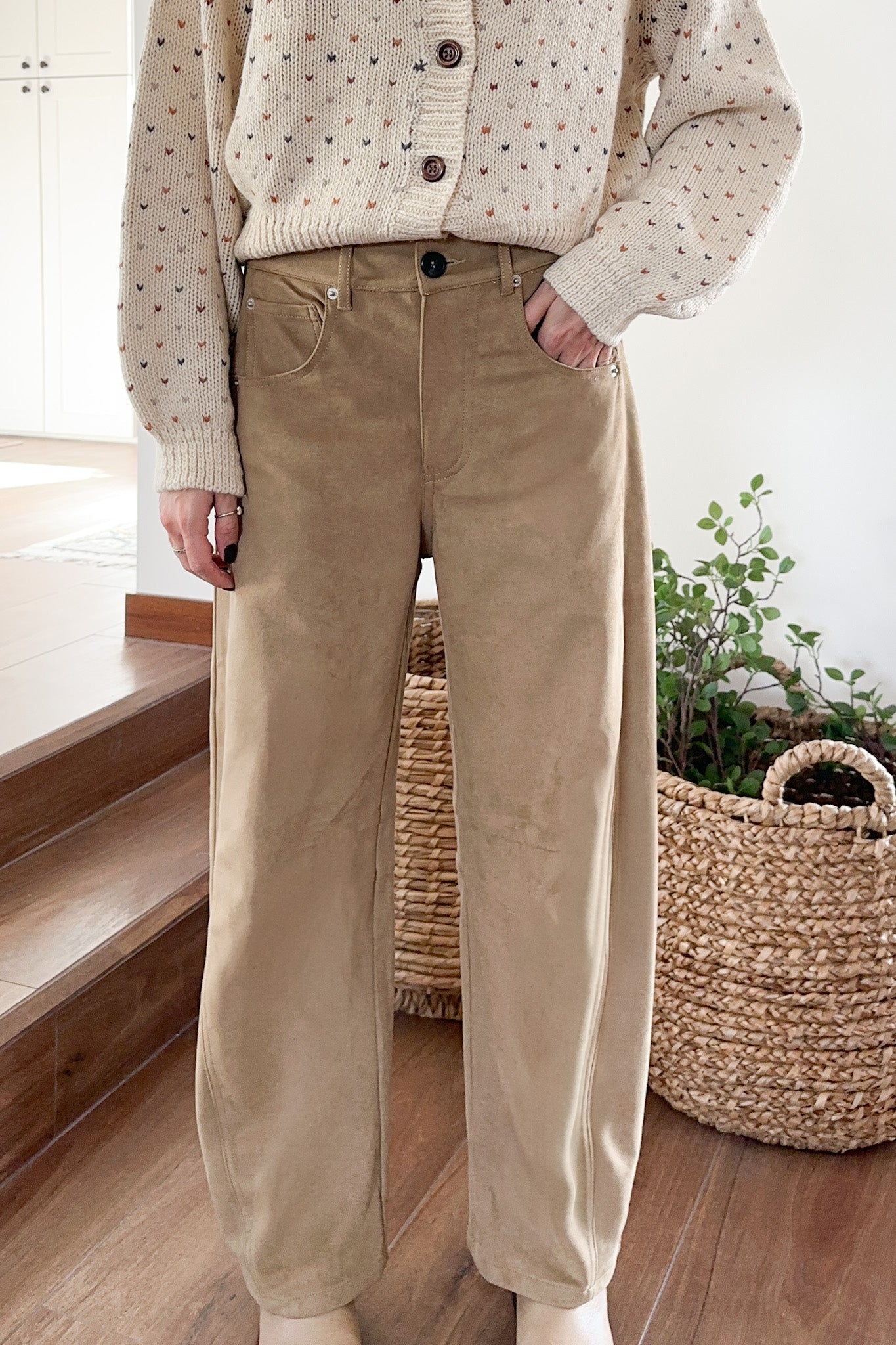 Nora Lightweight Vegan Suede Barrel Pants in Camel - Neutral Ground