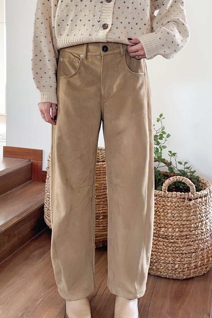 Nora Lightweight Vegan Suede Barrel Pants in Camel - Neutral Ground