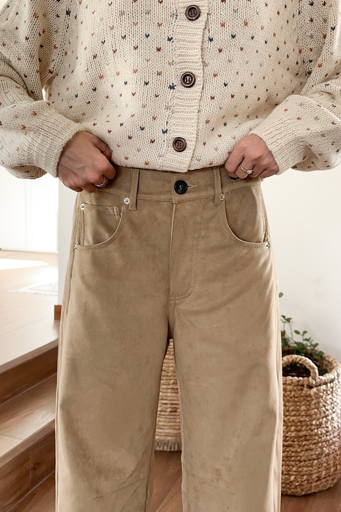 Nora Lightweight Vegan Suede Barrel Pants in Camel - Neutral Ground