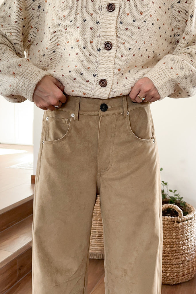 Nora Lightweight Vegan Suede Barrel Pants in Camel - Neutral Ground
