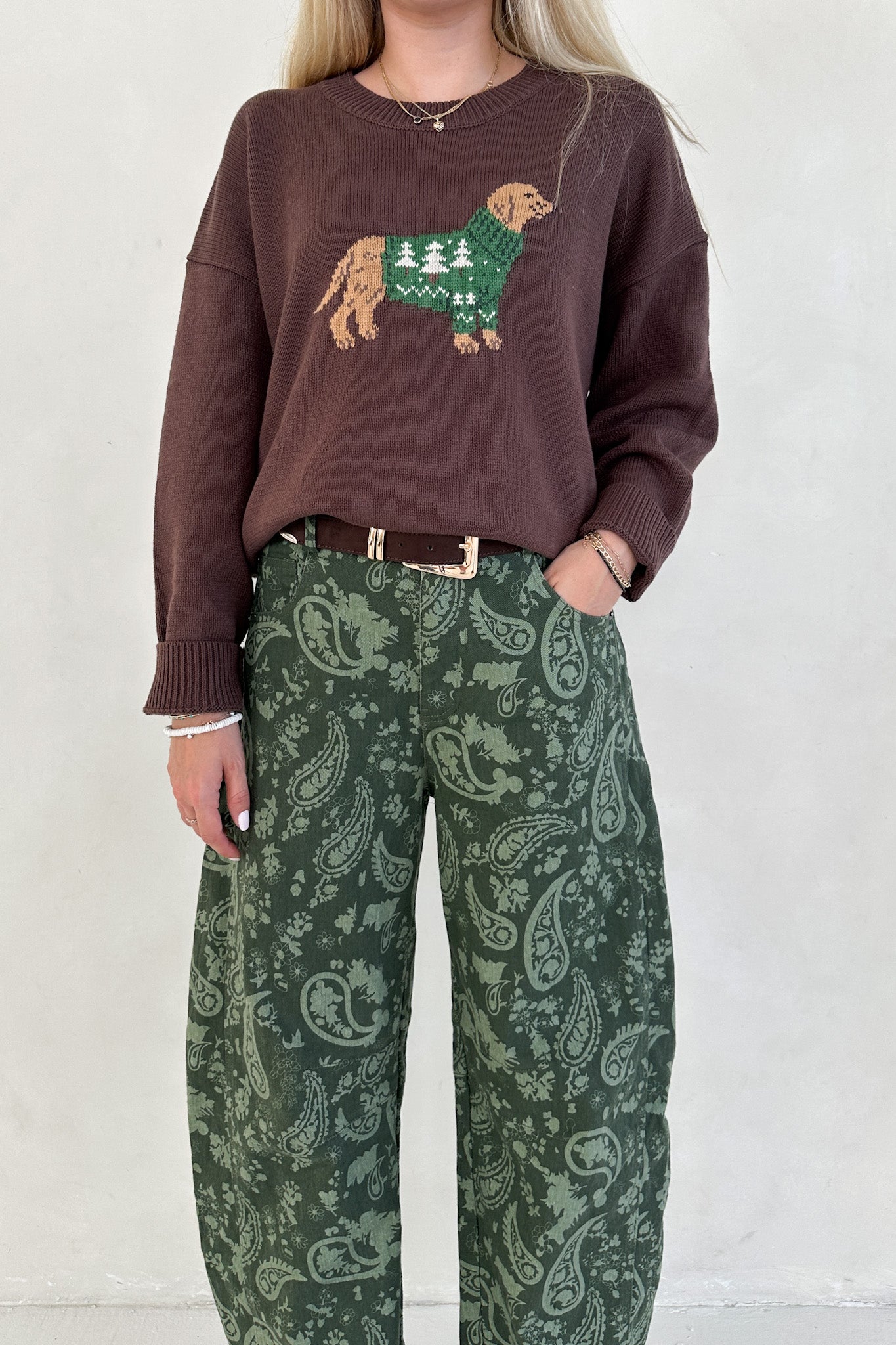 Nora Paisley Print Denim Barrel Jeans in Evergreen - Neutral Ground