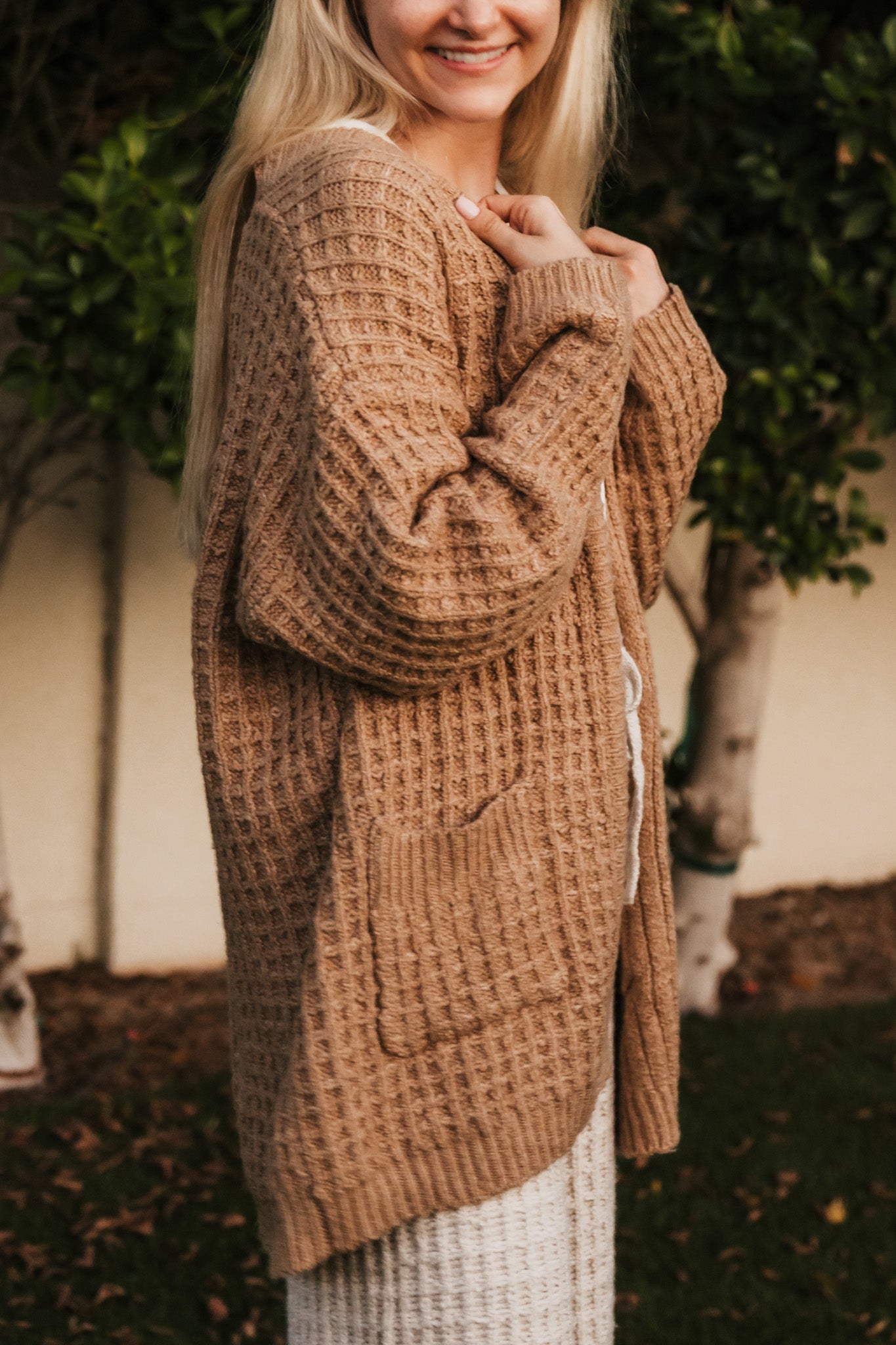 Northern Waffle Knit Open Front Cardigan in Camel - Neutral Ground