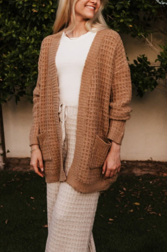 Northern Waffle Knit Open Front Cardigan in Camel - Neutral Ground