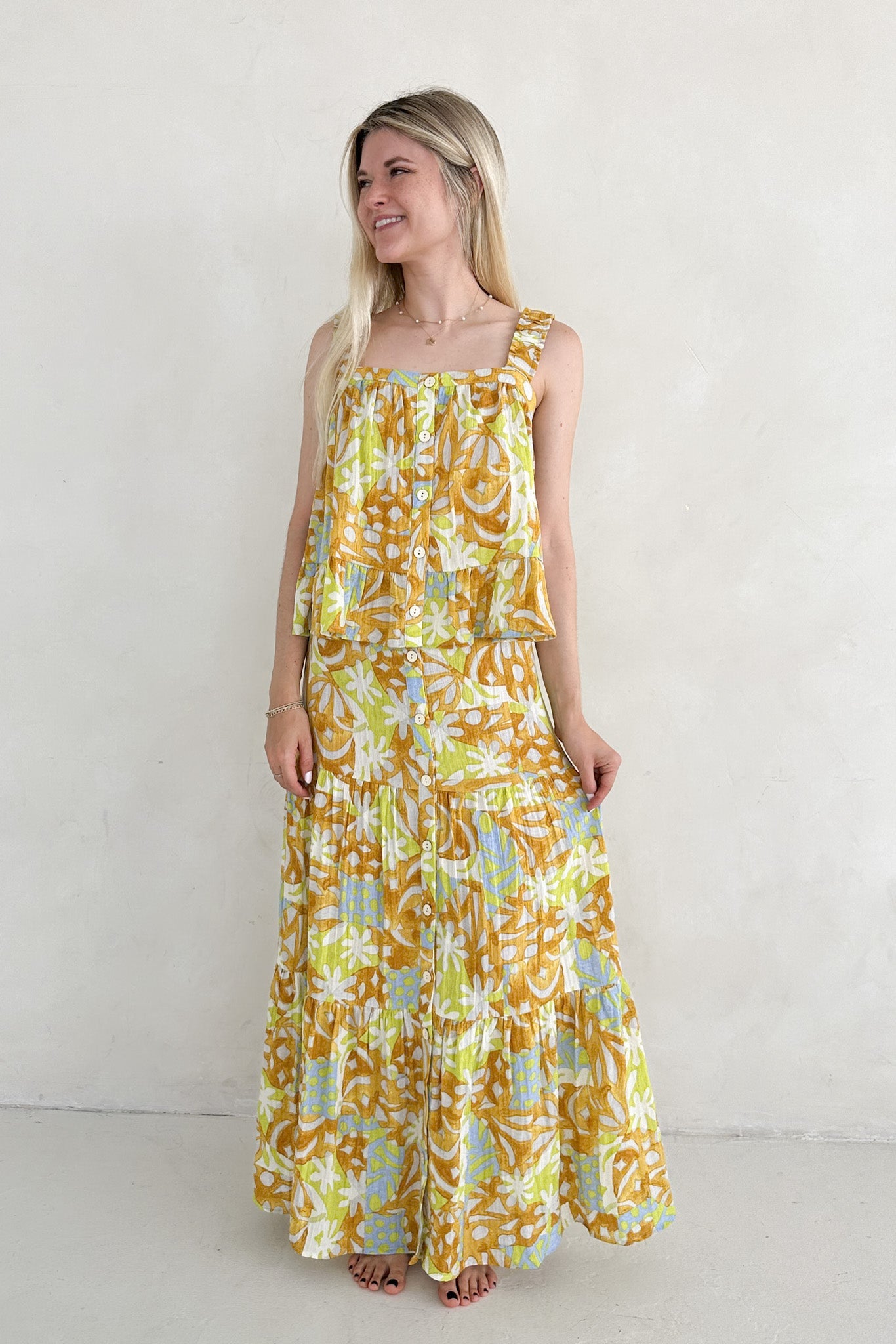 Oahu Tropical Printed Button Down Maxi Skirt - Neutral Ground