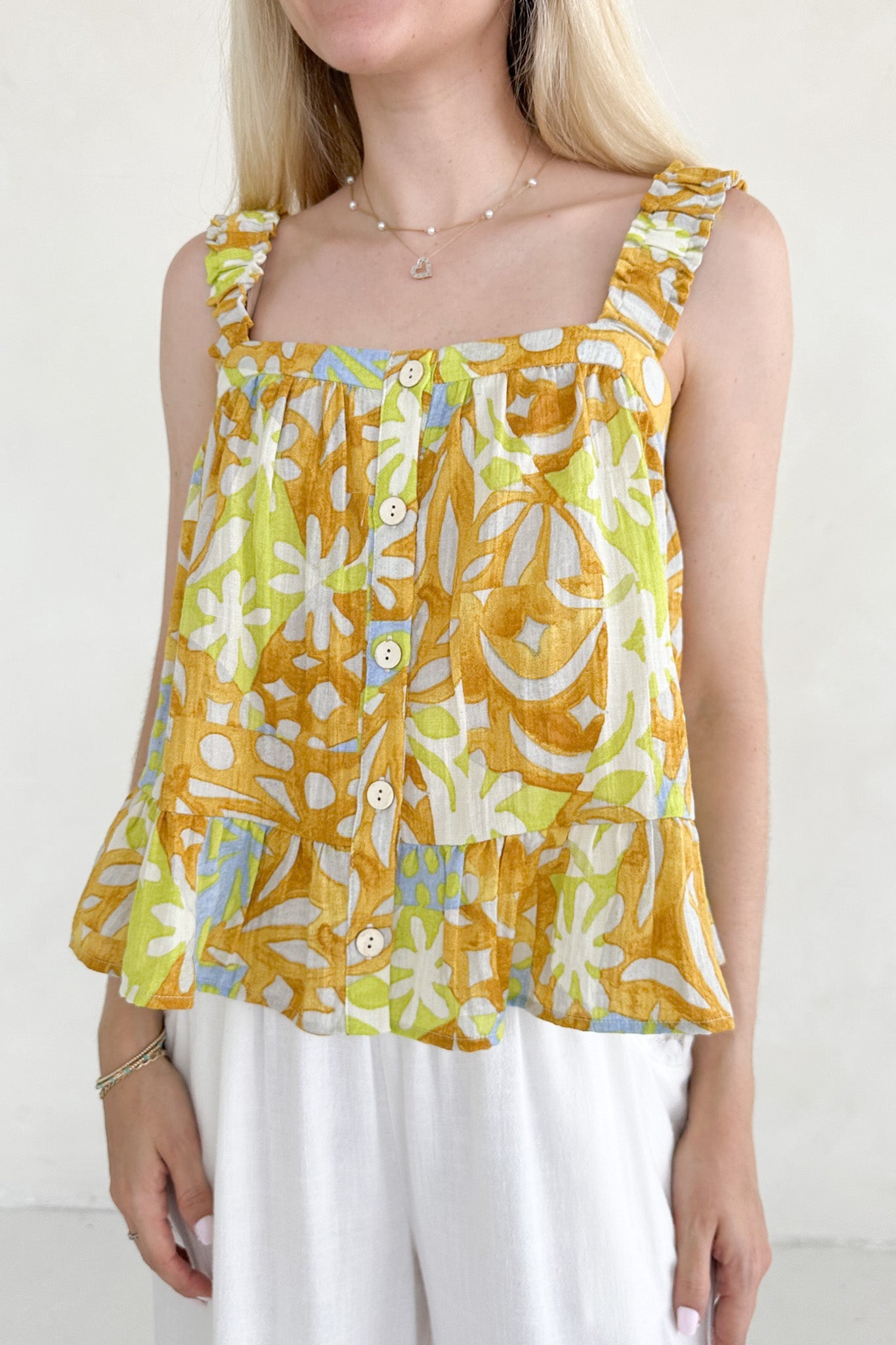 Oahu Tropical Printed Ruffle Top - Neutral Ground