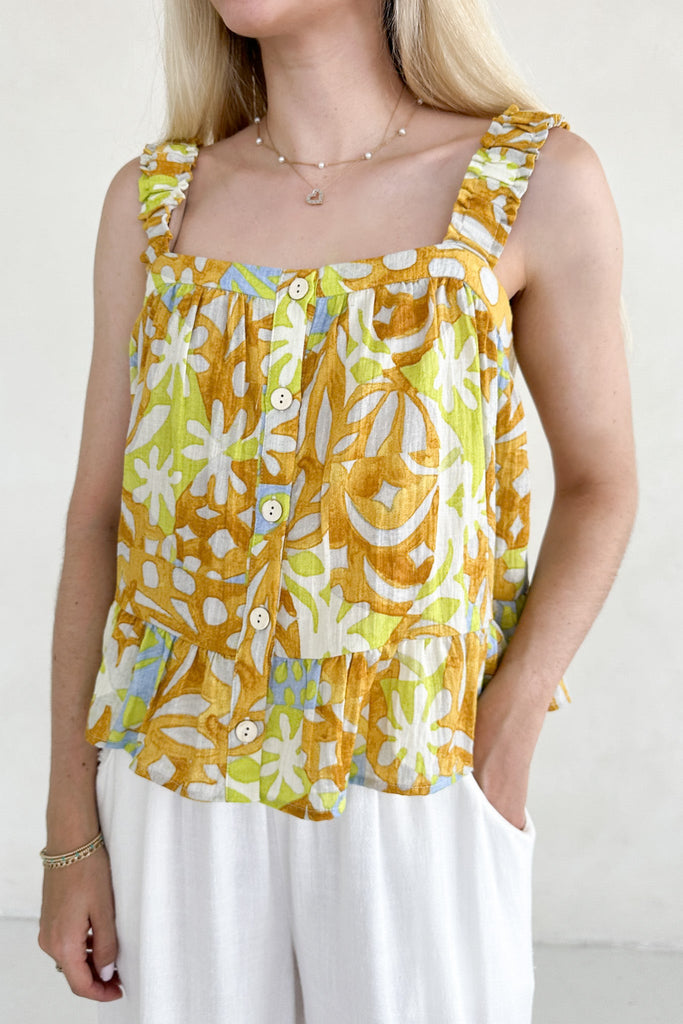 Oahu Tropical Printed Ruffle Top - Neutral Ground