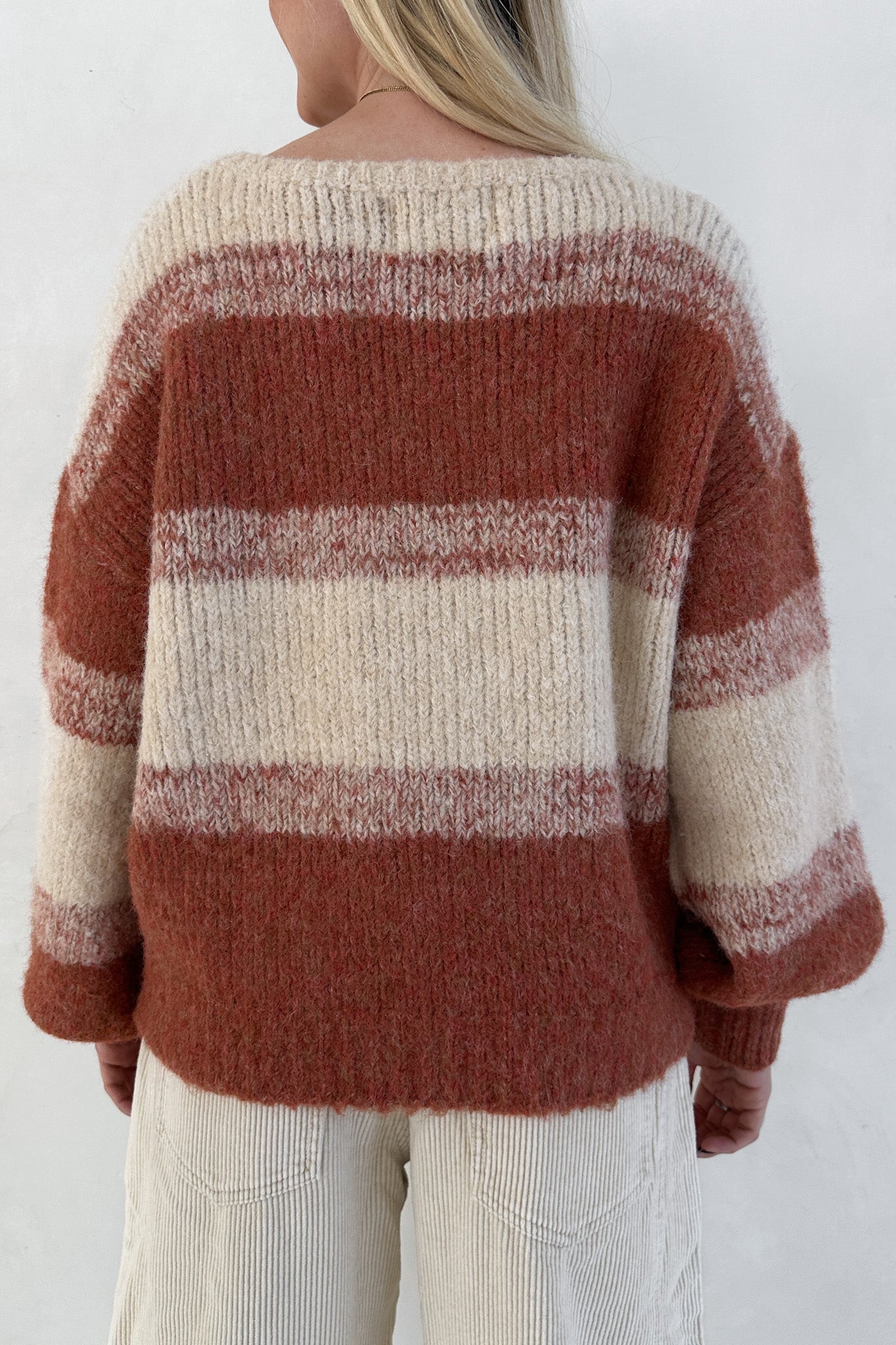 Out of the Woods Burnt Orange Balloon Sleeve Striped Sweater - Neutral Ground