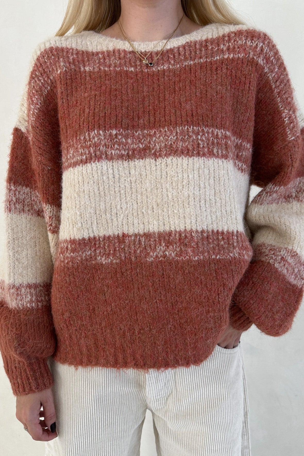 Out of the Woods Burnt Orange Balloon Sleeve Striped Sweater - Neutral Ground