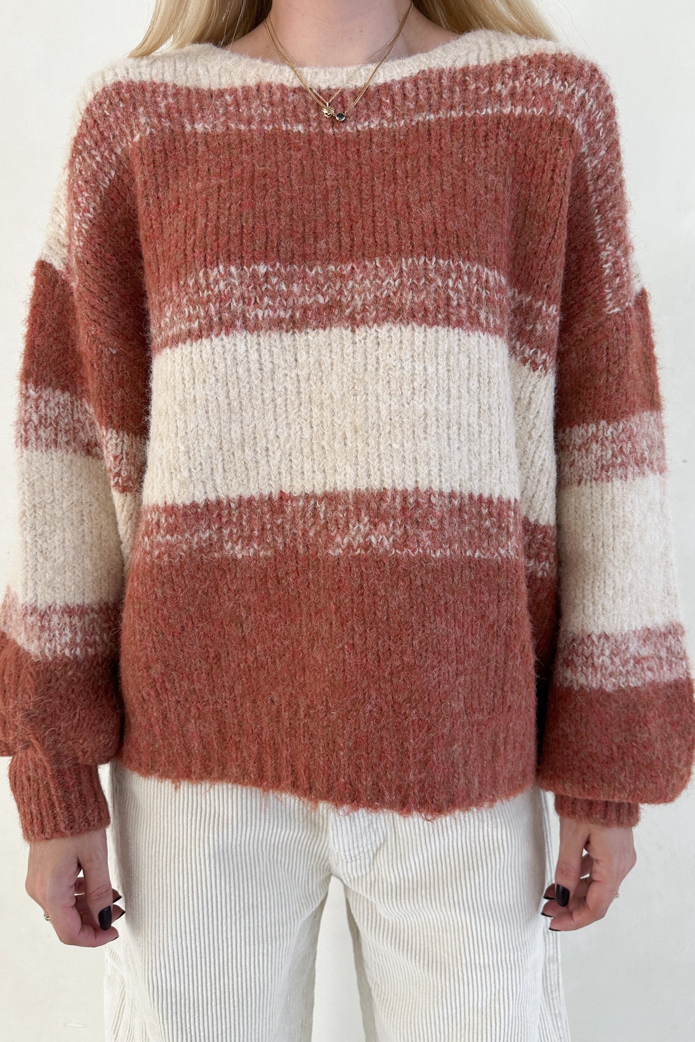 Out of the Woods Burnt Orange Balloon Sleeve Striped Sweater - Neutral Ground