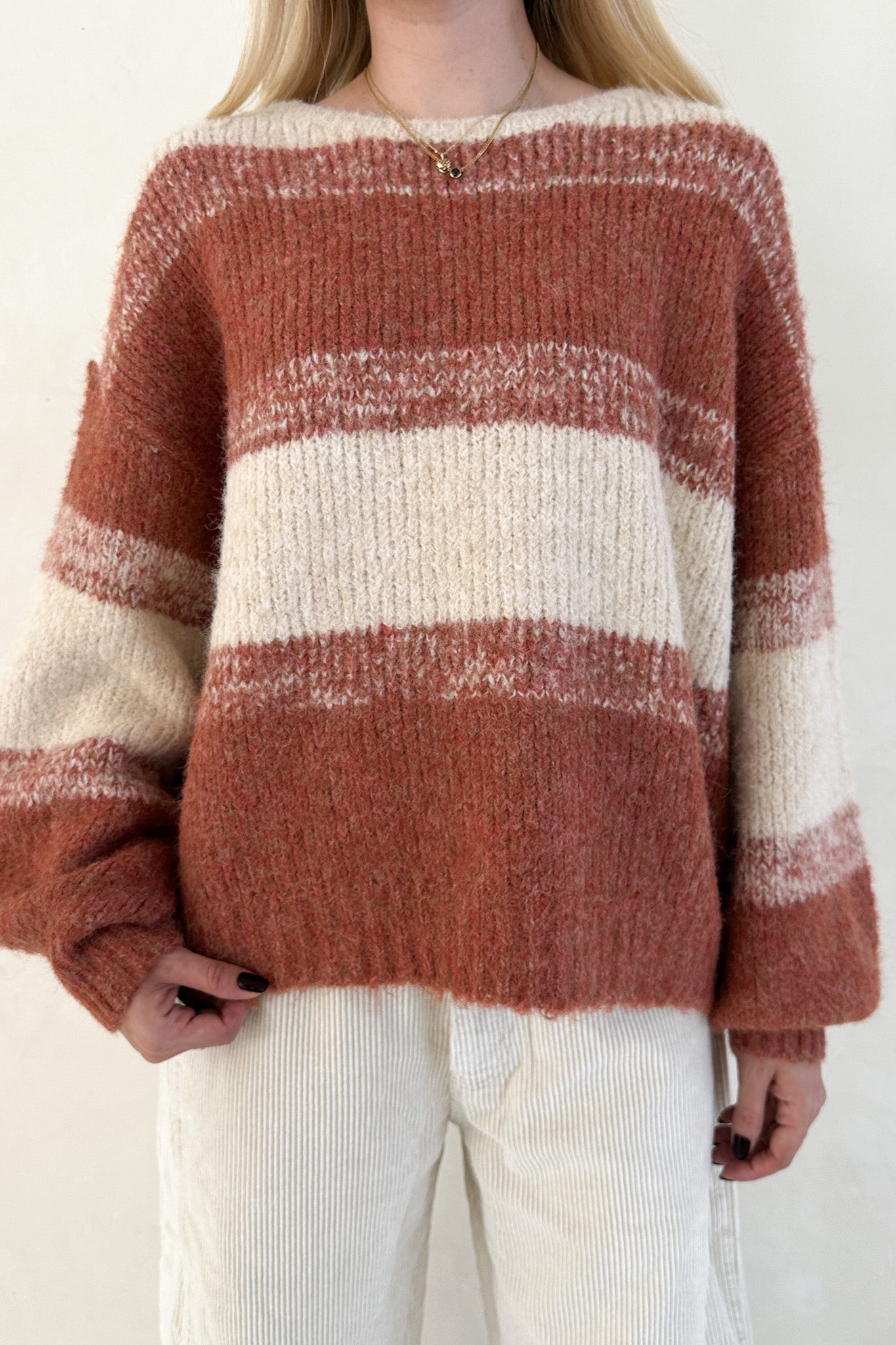 Out of the Woods Burnt Orange Balloon Sleeve Striped Sweater - Neutral Ground