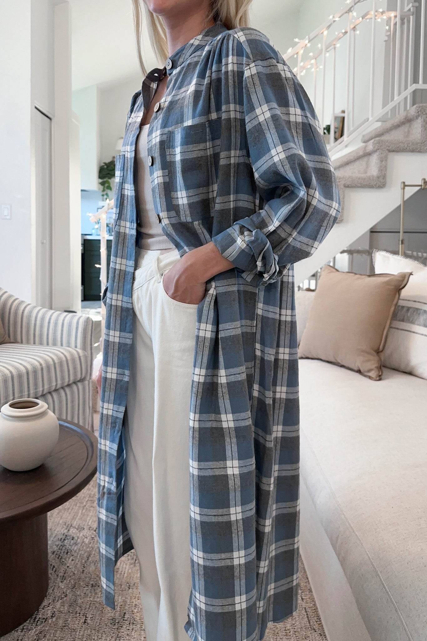 Out West Plaid Button Down Shirt Dress - Neutral Ground