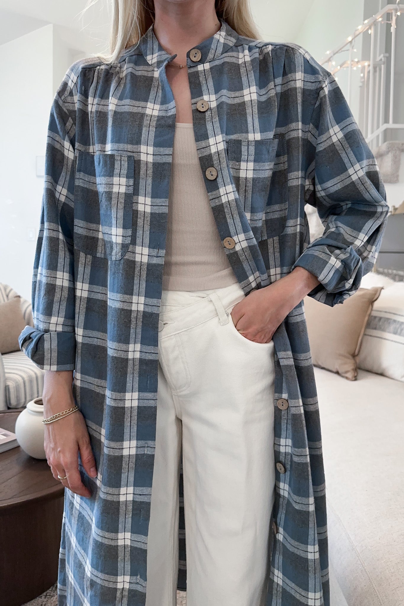 Out West Plaid Button Down Shirt Dress - Neutral Ground