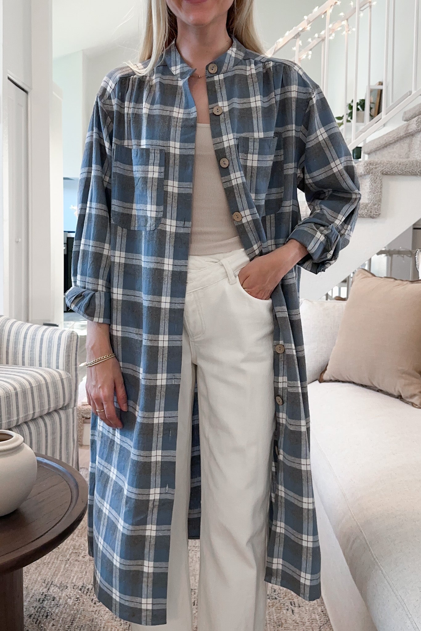 Out West Plaid Button Down Shirt Dress - Neutral Ground