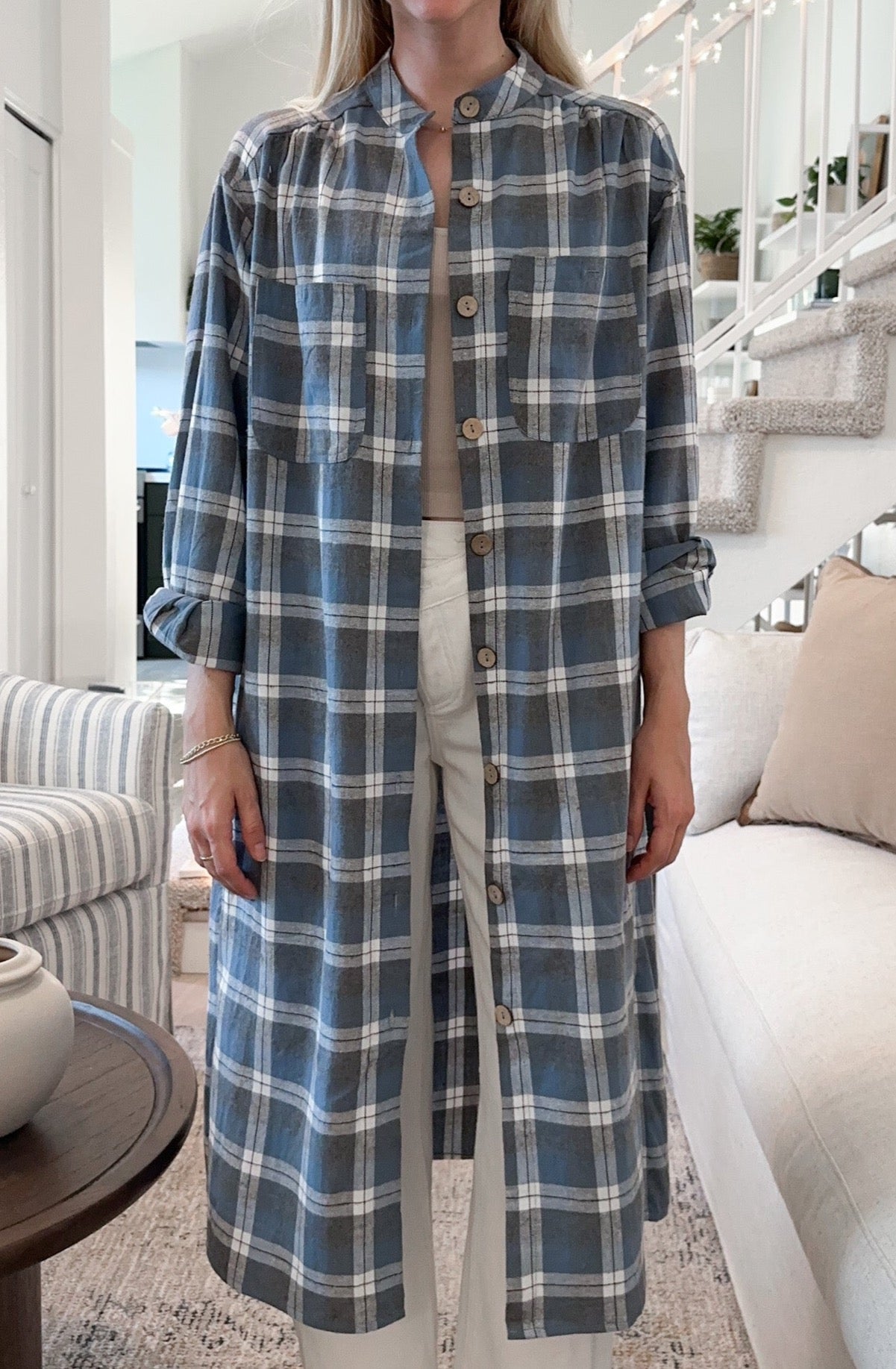 Out West Plaid Button Down Shirt Dress - Neutral Ground