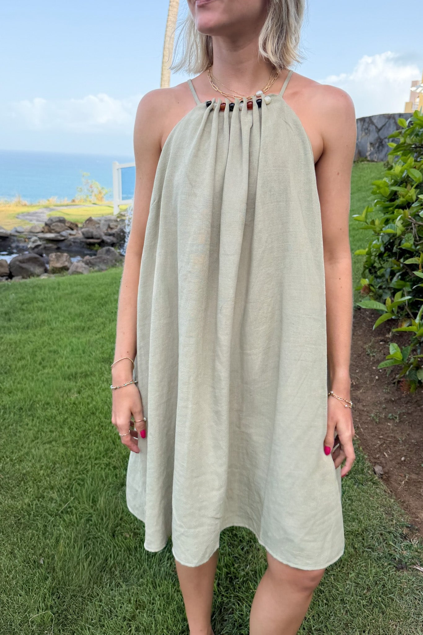 Palomino Beaded Halter Dress in Sage - Neutral Ground