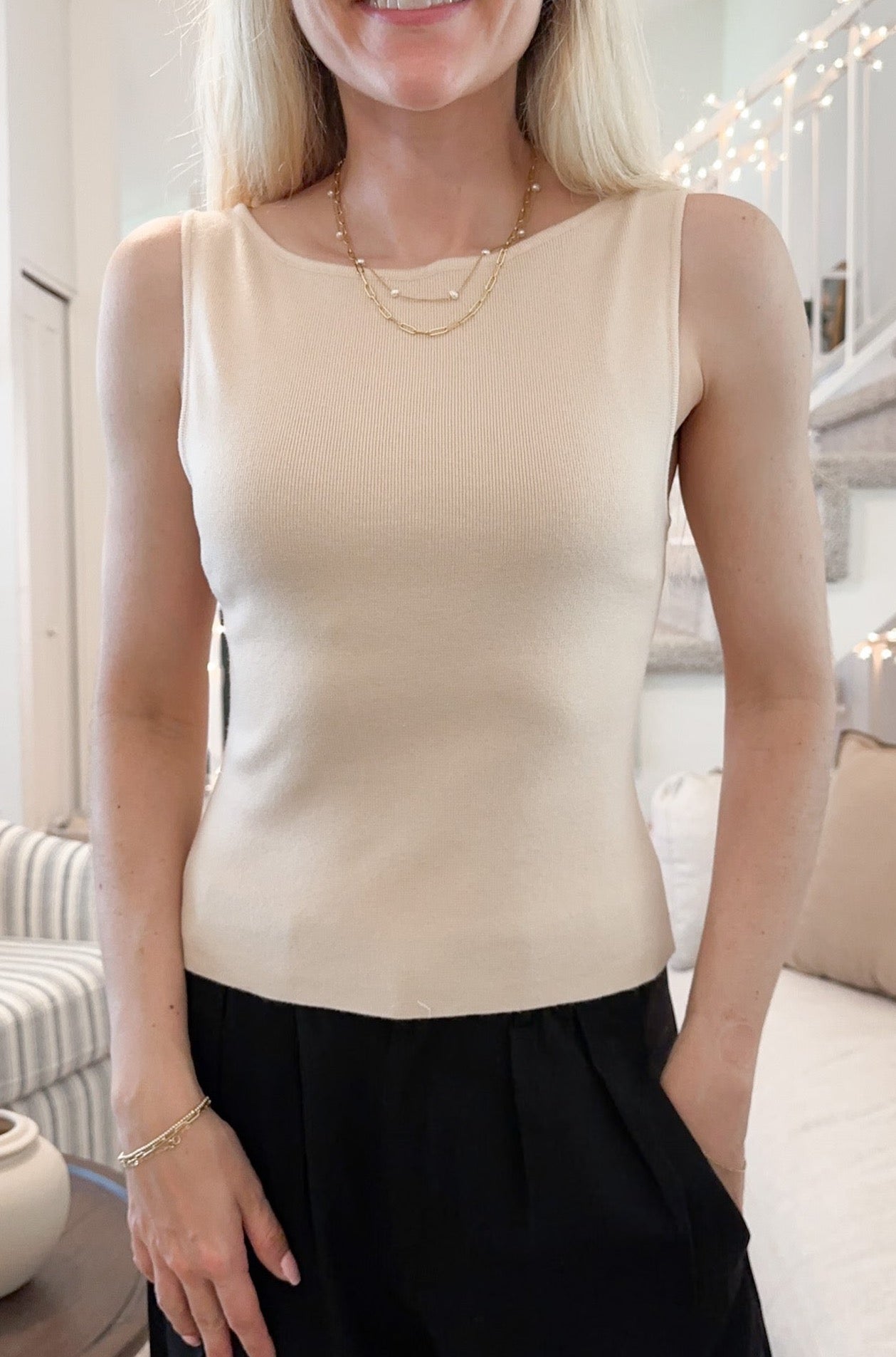 Penelope Boat Neck Top in Tan - Neutral Ground