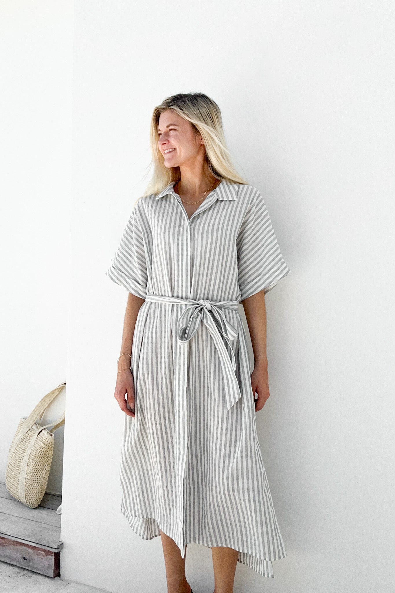 Poolside Button Down Striped Dress - Neutral Ground