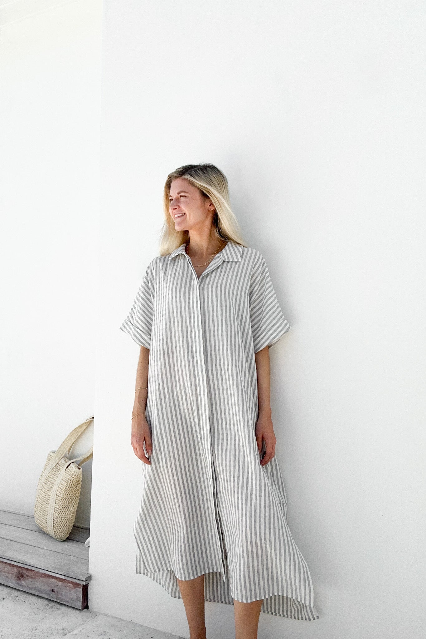 Poolside Button Down Striped Dress - Neutral Ground