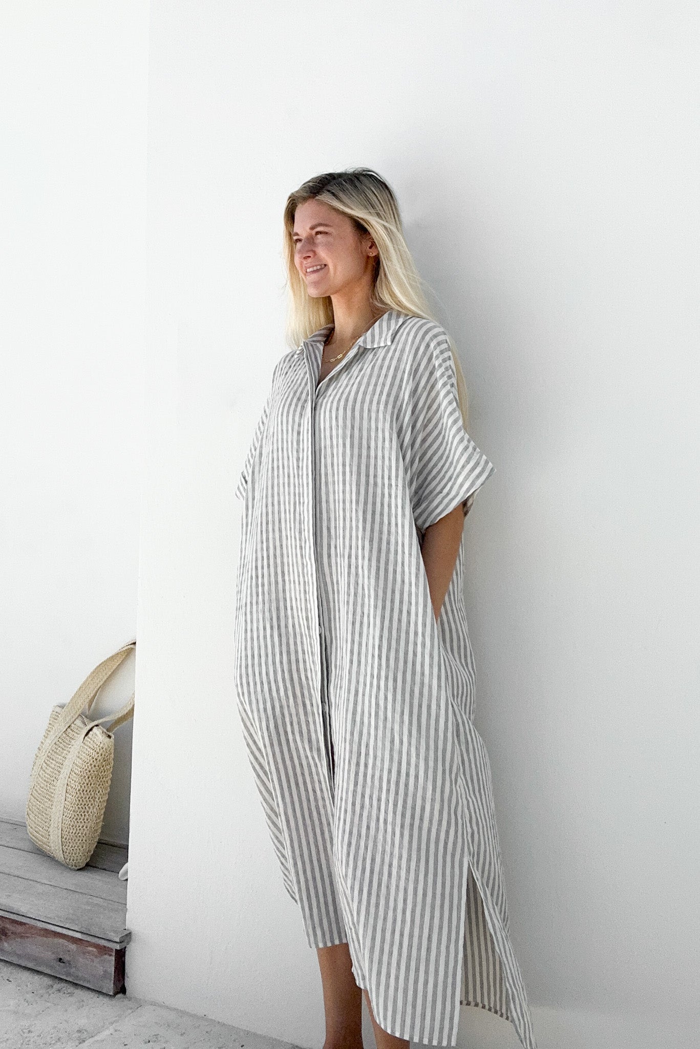 Poolside Button Down Striped Dress - Neutral Ground