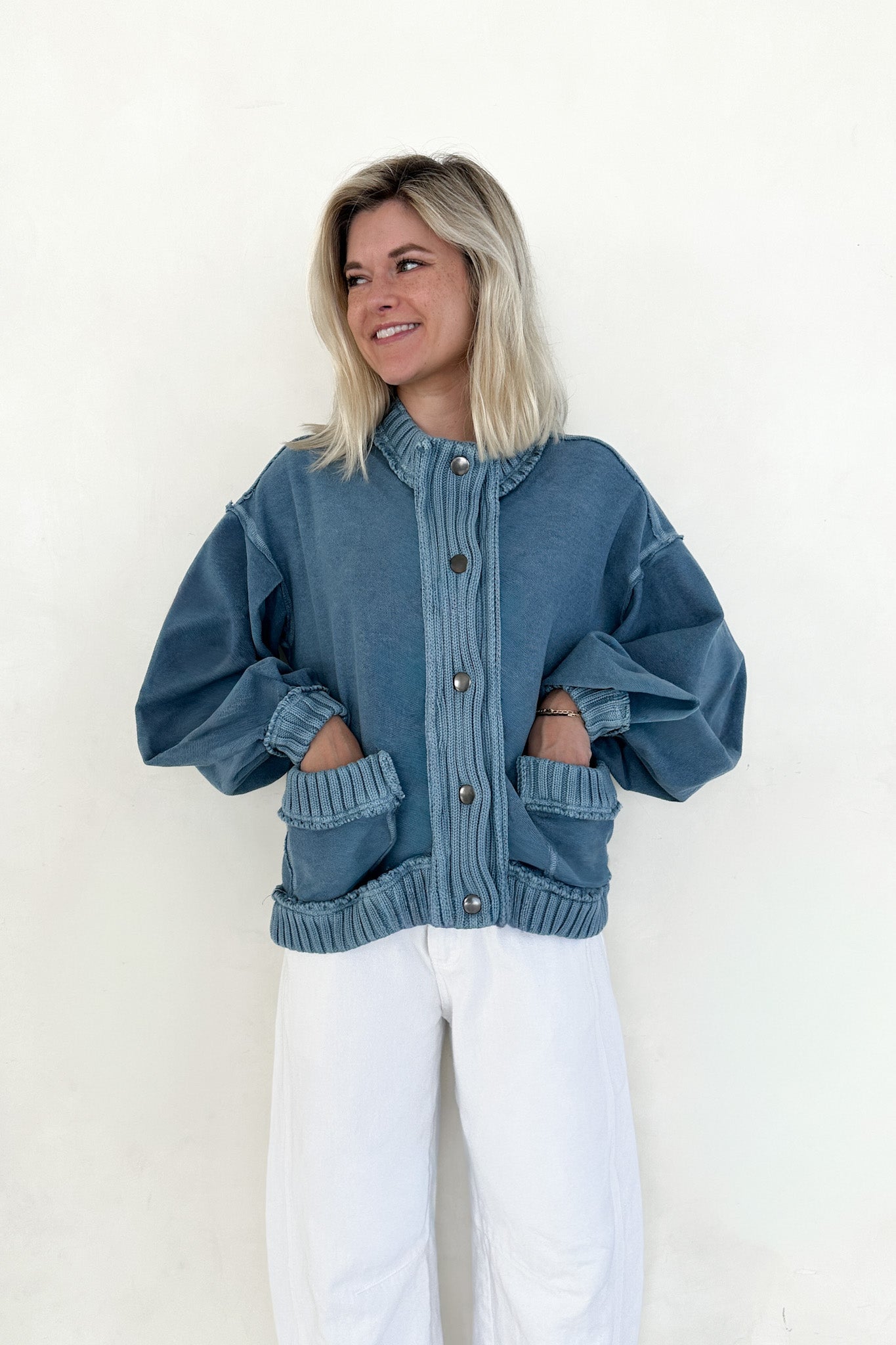 Presley Washed Ribbed Knit Trim Jacket - Neutral Ground