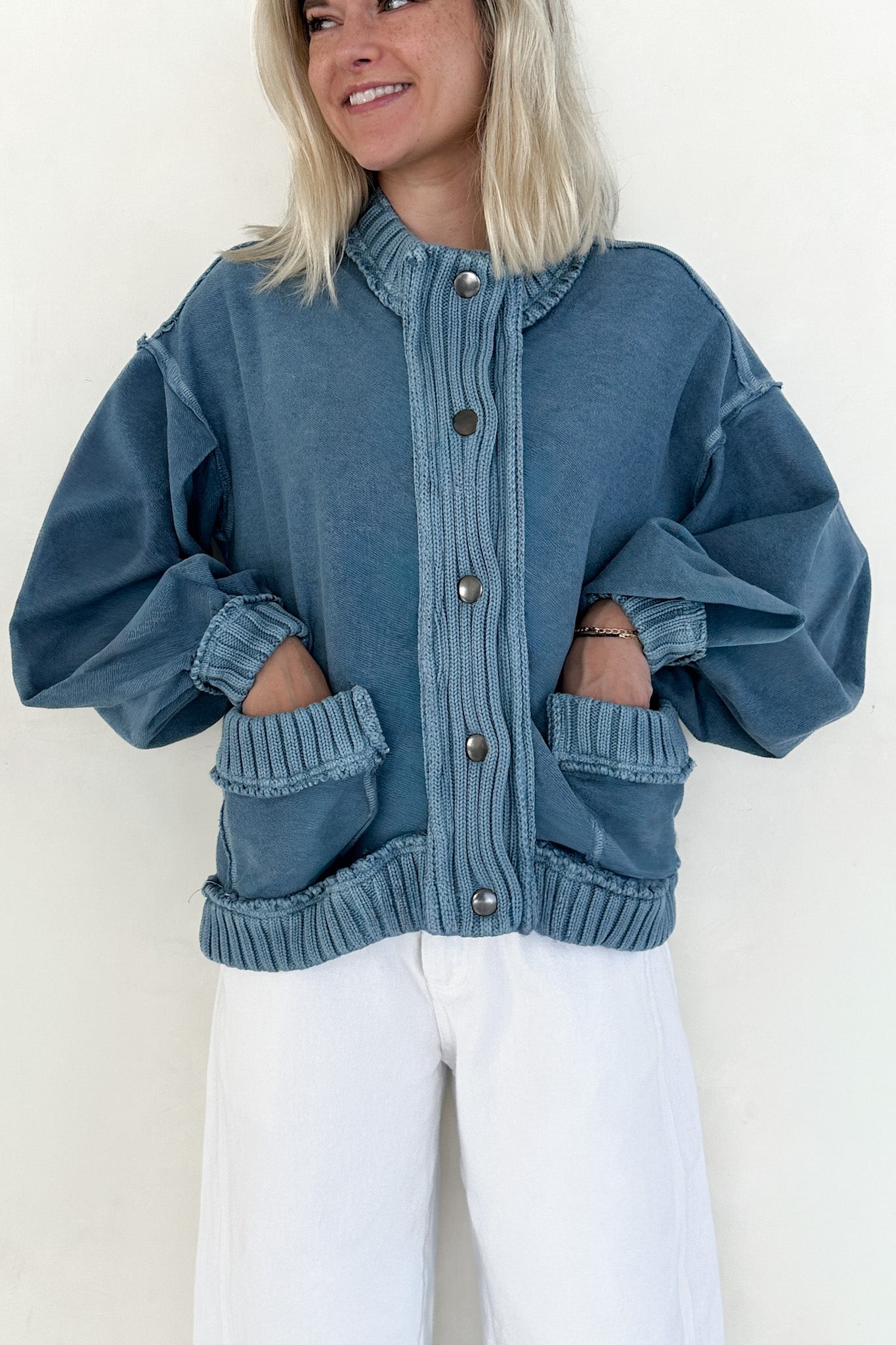 Presley Washed Ribbed Knit Trim Jacket - Neutral Ground