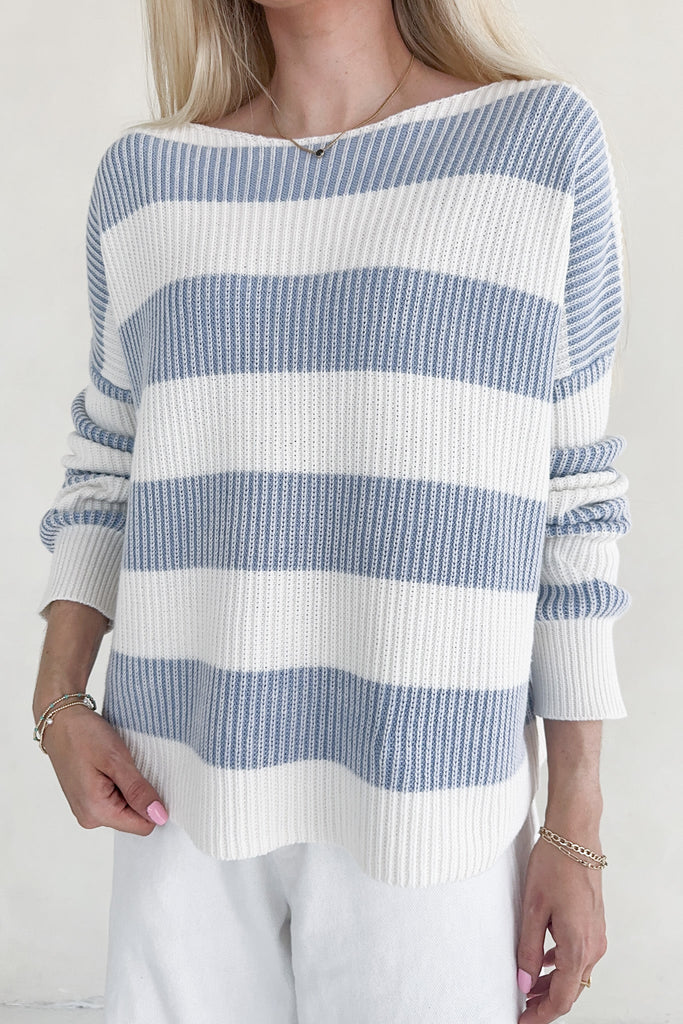 Priscilla Striped Cotton Boat Neck Sweater - Neutral Ground